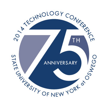The 75th-Anniversary-Graphic for the Technology Fall Conference: 75 inside a circle surrounded by wrap text saying 2014 Technology Conference and SUNY Oswego